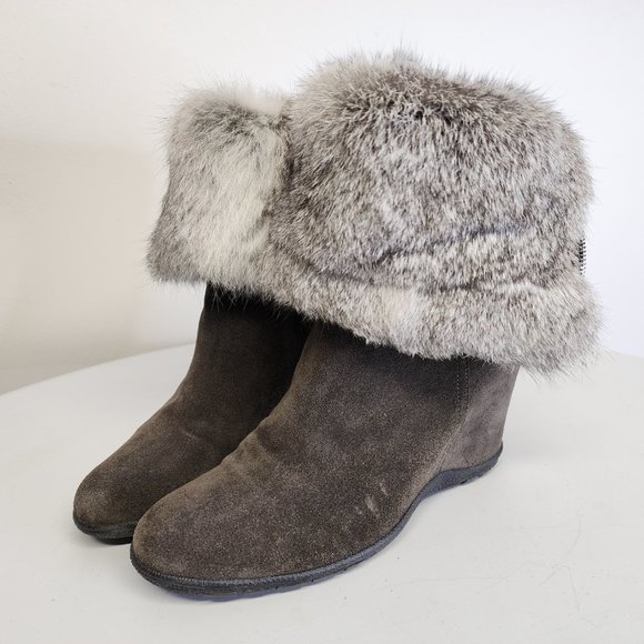 Aquatalia Womens 8 Genuine Fur Taupe Suede Fold Over Wedge Heel Back Zip Boots - Picture 8 of 15